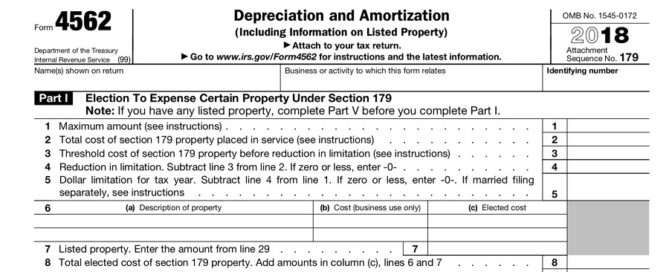 Pictured: a screenshot of an IRS Depreciation and Amortization tax form.