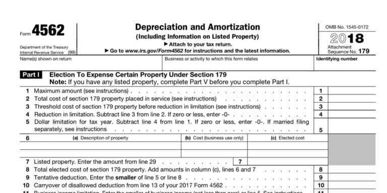 Pictured: a screenshot of an IRS Depreciation and Amortization tax form.